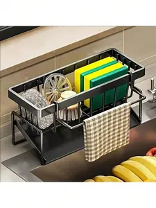 Self-Draining Kitchen Sink Caddy Organizer, Sponge Holder with Storage Tray, Sink Basket for Dish Brushes & Scrubbers, Countertop Storage Rack