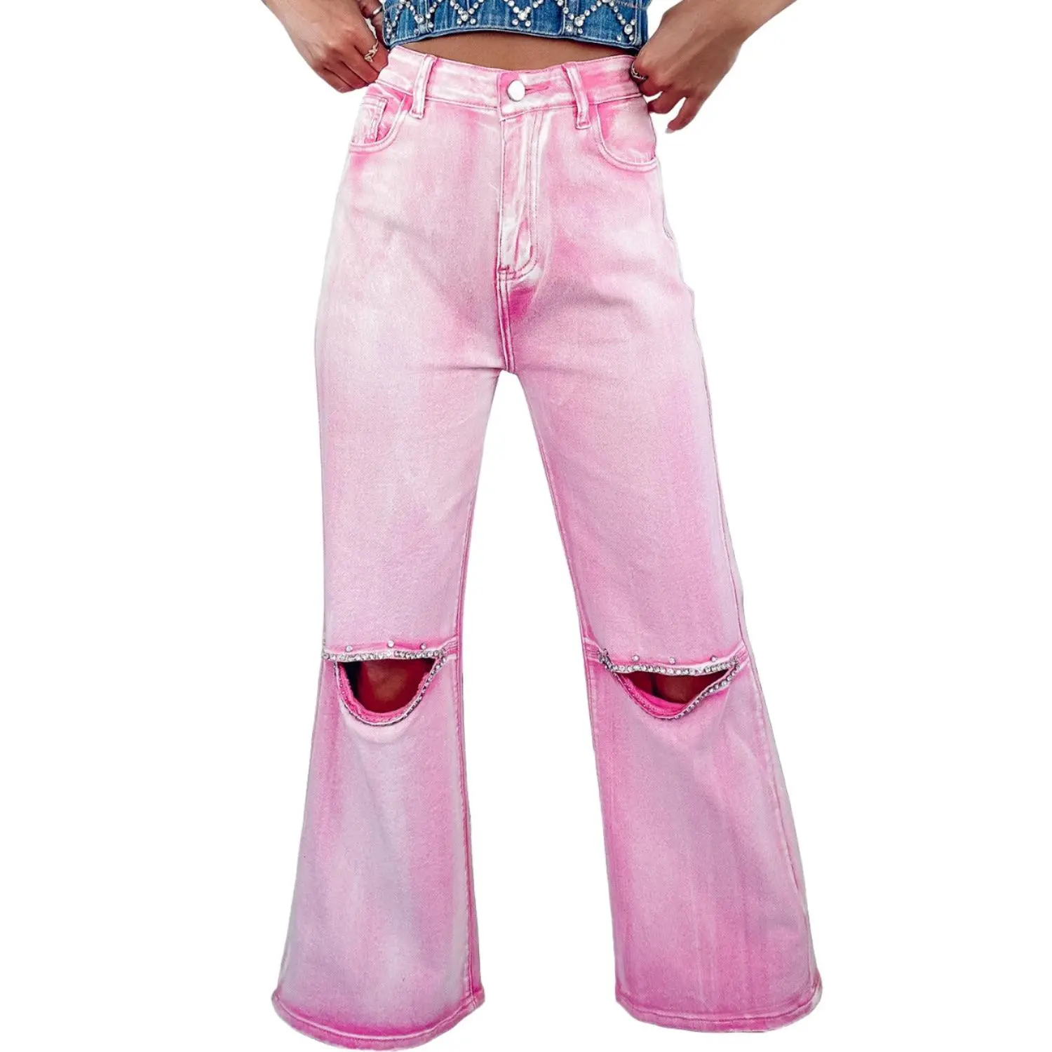 Pink Washed Rhinestone Cutout High Waist Wide Leg Jeans