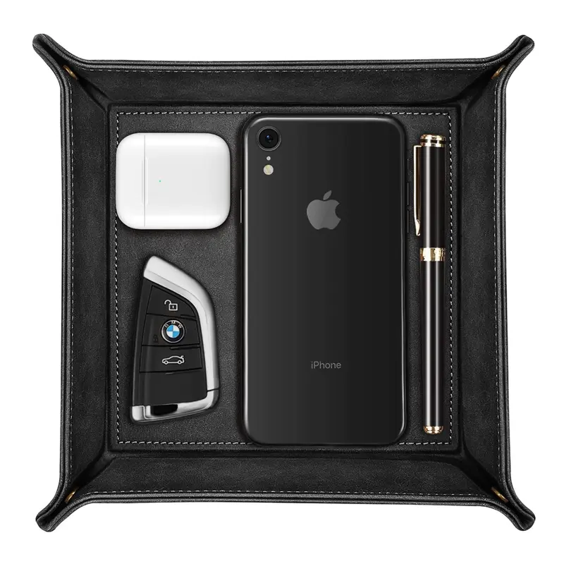PU Leather Desk Organizer - 7.8x7.8" Multi-Use Valet Tray Catchall for Office Accessories, Cellphones, Birthday Gift Idea, Dresser & Living Room Storage