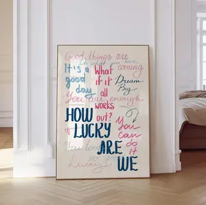 How Lucky Are We Wall Art Print Navy Blue Pink Preppy Print Retro Trendy Wall Art Aesthetic Dorm Decor Bedroom Wall Art Poster