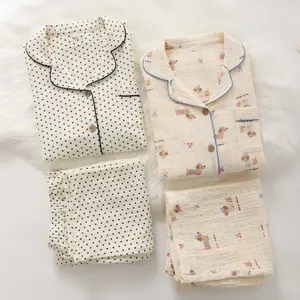 Women's 2-Piece Cotton Gauze Pajama Set - Minimalist Lady Pyjamas, Breathable, Light, Comfy, Casual Fit, Vintage Loose Button-Down Shirt, Beige Polka Dot/Cartoon Print Long Pants, Cottony Loungewear Sets, All-Seasons Sleepwear