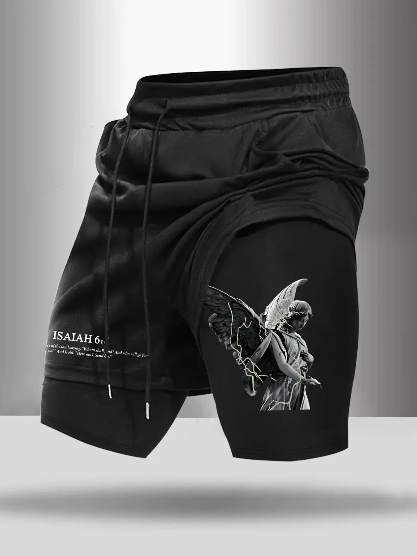 Men's ISAIAH 6 Angel 2-in-1 Compression Graphic Print Shorts, Fitness Shorts, Tight Fitted Shorts, Black & White Print, Stretch Fabric, Secure Drawstring Fit, Drawstring Sports Shorts, Perfect for Gym & Street Style Fans, Ideal for Workouts/Outings