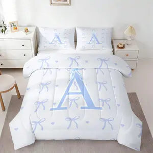 2/3Pcs Coquette Blue Bow Monogram Letter A-Z Comforter Set, Cute Quilt Bedding Set with Pillowcases, Lightweight Breathable Bed Set for Girls Teens Bedroom, Aesthetic All-Season Bed Decor for Dorm & Home