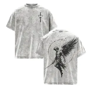 Fallen Angel Sword Washed Tee – Vintage Heavy Cotton Graphic T-Shirt for Men, Oversized Breathable Streetwear Crew Neck Short Sleeve Couple Style Casual Top