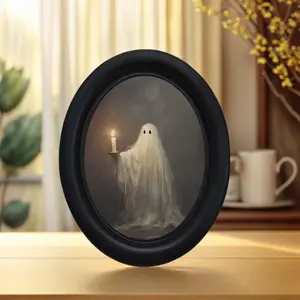 Handcrafted Victorian Gothic Wooden Art Decor, Cute Ghost with Candle, Oval Frame, Ideal for Home and Office Decoration, Perfect Holiday and Wall Decor, Halloween