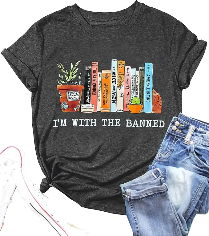 I'm With Banned Shirt, Books Shirts for Women, Reading Tshirt, Gifts for Teacher Bookworm Readers Librarian Bibliophile Tee Top