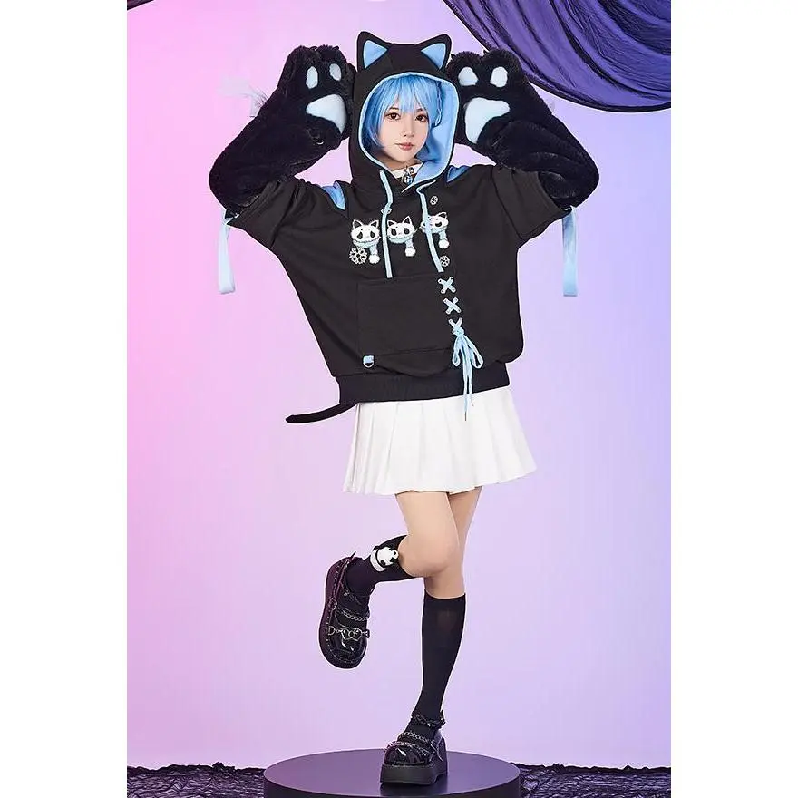 Micotaku Snow Down Blue Black Skull Cat Print Pullover Hoodie with Detachable Furry Cat Paw, Straps, Fabric, Long Sleeve, Sweatshirts, Polyester, Tops, Women, Furry Paw Bag