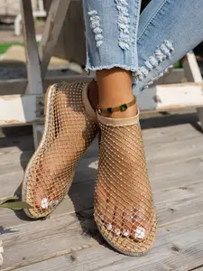 Women's Rhinestone Mesh Hollow Out Round Toe Flat Sandals, Casual Summer Beach Vacation Shoes, Soft Sole Slip-On Slippers