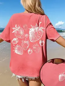 Women's Strawberry Print Round Neck Tee, Casual Short Sleeve Fitted Crew Neck T-shirt Fabric for Summer, Fashion Women's Top for Daily Wear