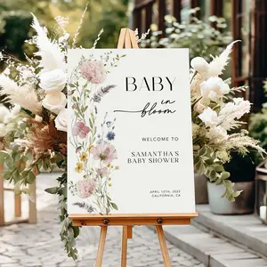 Wildflower Baby Shower Sign Pink Boho Wildflower Poster Printable Garden Flower Welcome Sign Editable Printable Canva Template 