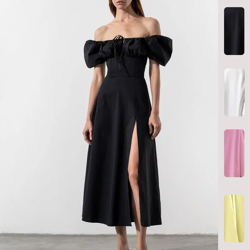 Women's Vintage French Style Square Neck Off-Shoulder Puff Sleeve Corset Ruched Tie-Bust Slim-Fit Flared Long Dress with High Side Split, Breathable Fabric for Vacation, Party