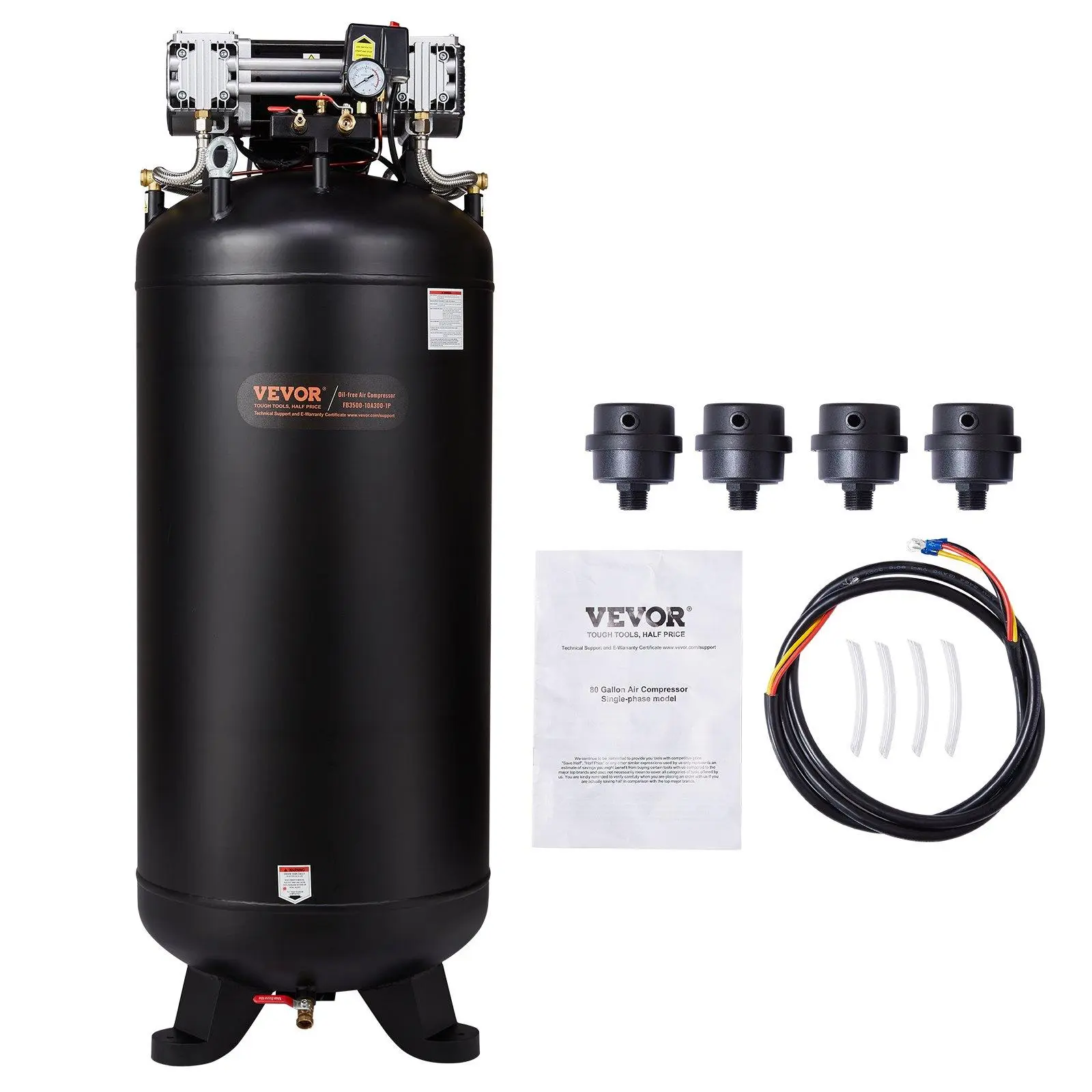80 Gal Oil-Free Stationary Air Compressor, 6.5HP, 15.5SCFM@90 PSI, 145PSI Tank, 86dB Ultra-Quiet Model for Industrial Manufacturing, Auto Repair