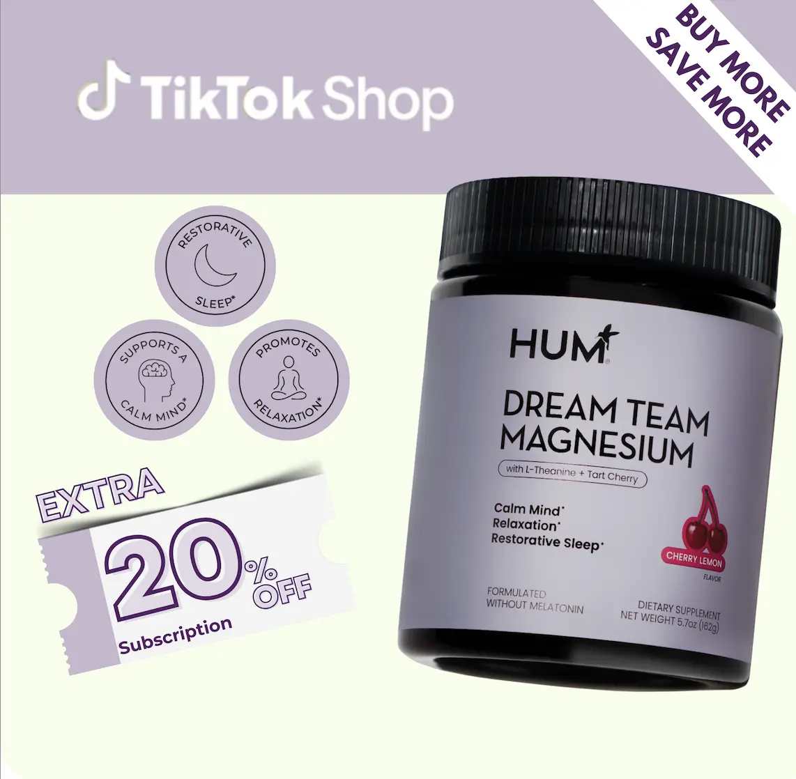 Hum Magnesium Bisglycinate Dream Team for Restorative Sleep Relaxation with L-Theanine Tart Cherry Supplement Cherry Lemon Flavor 5.7 oz