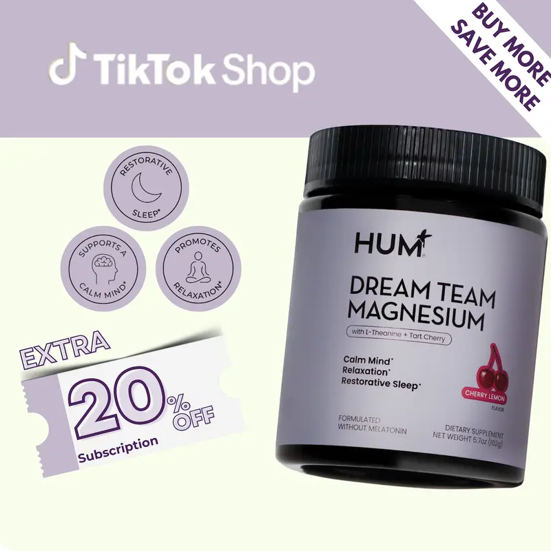 Hum Magnesium Bisglycinate Dream Team for Restorative Sleep Relaxation with L-Theanine Tart Cherry Supplement Cherry Lemon Flavor 5.7 oz