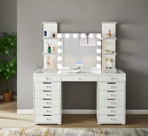 Bedroom beauty makeup set with LED light strip, Bluetooth speaker, multi - drawer storage and crystal - handled dressing table