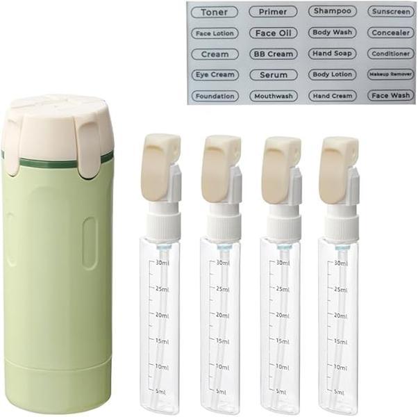 4 in 1 Travel Dispenser Bottle Set – Leak Resistant Refillable Toiletry Containers with Foldable Pump, 4 x 30ml Portable Travel Bottles for Shampoo Lotion Soap, Green