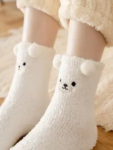 Women's Cartoon Print Fitted Elastic Crew Socks, Cartoon Cute Bear Print Soft & Warm Fuzzy Fleece Ankle Boots Socks, Cold Weather Gear, Lady Womenswear