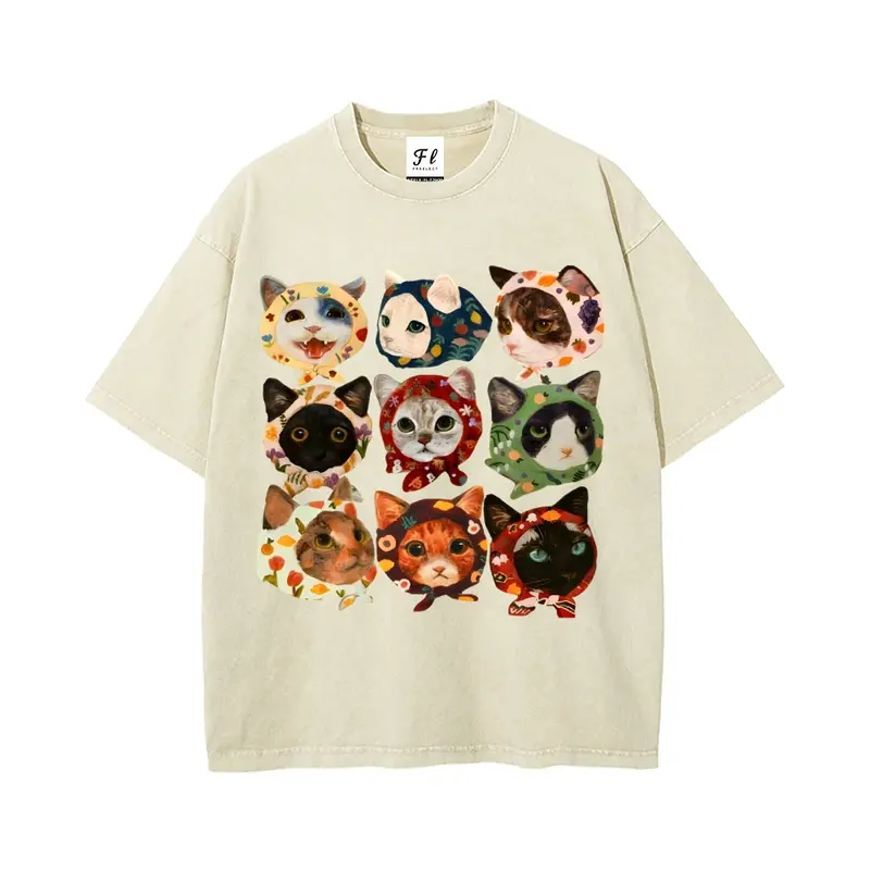 Menswear Unisex Retro Round Neck Cotton Graphic Tee - Cat Pattern Washed Stretch Fabric, Vintage Colorful Cartoon Cat, Natural Theme Soft Breathable Loose-Fit Short Sleeve Trendy Tshirts Streetwear Top, Vintage Graphic Tees