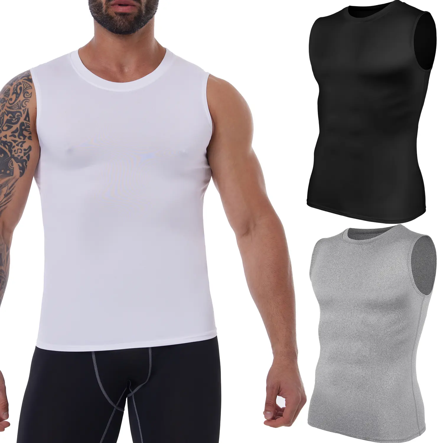 Men Sleeveless Body Shaper Shapewear Dry Fit Running Compression Cutoff Sports Shirts Athletic Training Workout Tank Top Vest for All Sports and Seasons Menswear Breathable Fitness Outdoor Stretch Clothes Fabric Layer T-Shirt