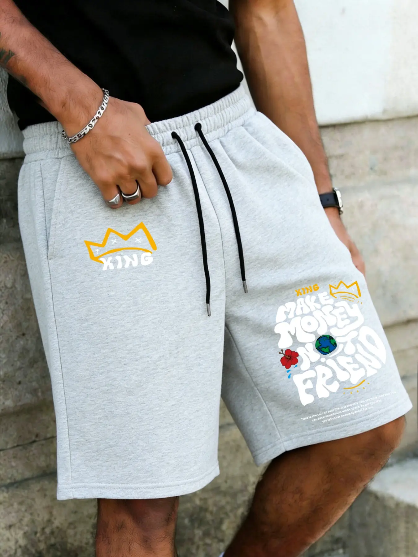 Men's Motivational King Pattern Sport Shorts, Loose Fit Street Casual Shorts, Geometric Style, Short Pants, Comfortable Wear, Streetwear Sports Shorts, Shorts Sportswear, Fashionable Summer Shorts