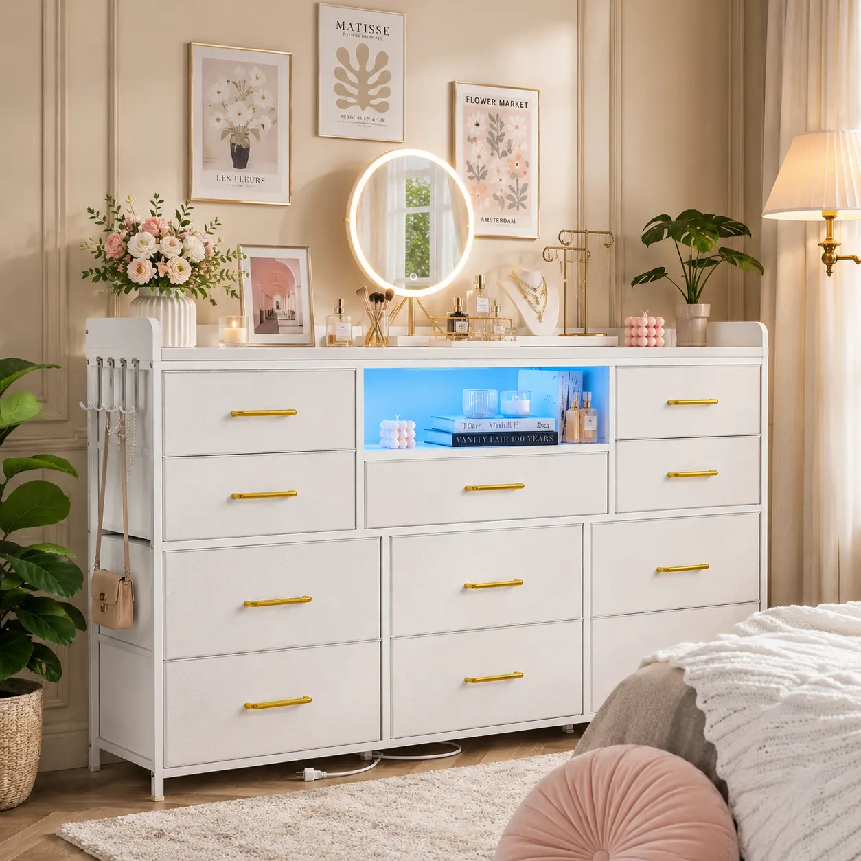 Raybee LED TV Stand for Living Room with Charge Station Fit 45" 50" TV, 11 Fabric Drawer Dresser for Bedroom with Power outlets Entertainment Center, for Living Room Hallway Closet