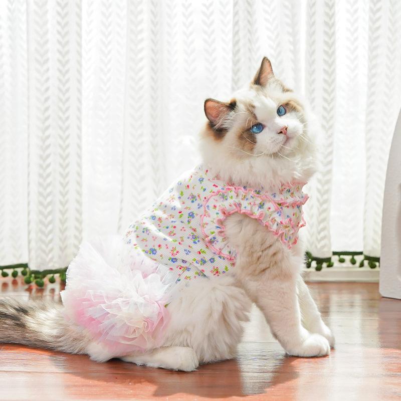 Pet Clothes Dog Cat Princess Mesh Dress Floral print Lace sleeveless Cute Breathable With Leash Ring D00048