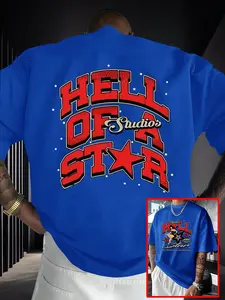 Men's Short Sleeve T-Shirt Summer Hell of a Star Vintage Letter Star Print, American High Street Fashion, Loose Fit, Long Sleeve