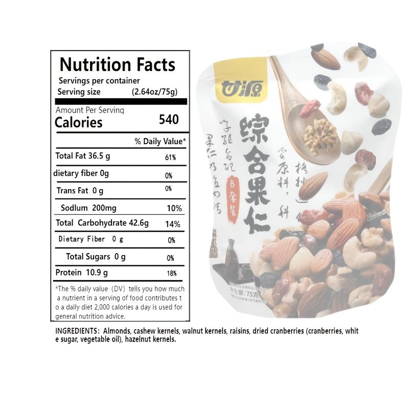 Mixed nut pieces (hazelnut, almond, cashews, walnut, dried grapes, dried cranberries); gluten-free snack; energy boost before and after workouts; low sugar, high protein; crunchy and tasty; individual small packaging for office snacks.