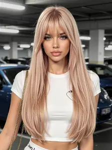 26-Inch Peach Straight Wig, Realistic Fiber Hair, Ideal for Daily Use, Parties, Cosplay, Halloween, All Seasons