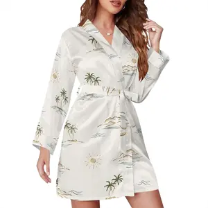 Tropical Palm Print White Satin Pajama Robe with Tie Waist - Dreamy Summer Sleepwear for Cozy Nights & Relaxed Lounging Vibes