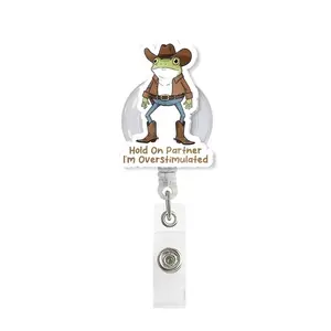 Funny Cowboy Frog Badge Reel, Overstimulated Frog Retractable Badge Holder, Durable Acrylic Badge Holder For Office Staff, School Supplies, ID Badges