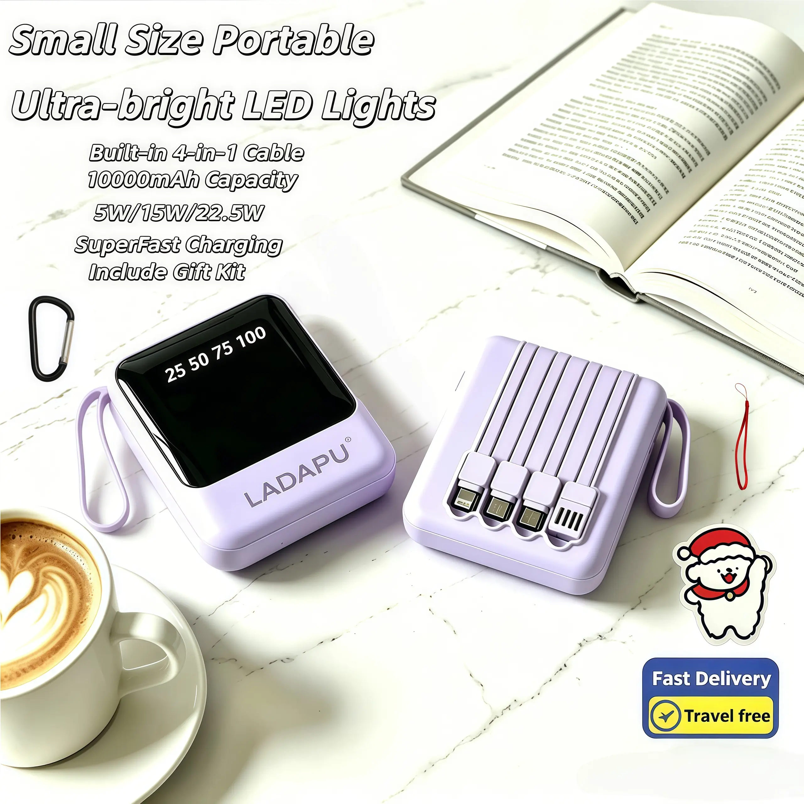 LADAPU 10000mAh Mini Cute 22.5W Fast Charging Power Bank with 4 in 1 Cable Ultra bright LED Lights for Smartphones Travel Outdoor Portable Battery with HD Clear Digital Display and Stable Micro Interface
