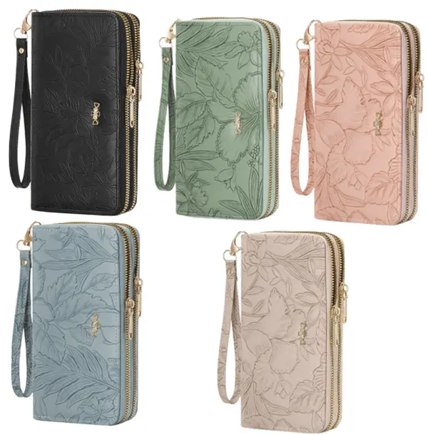 Women's Floral Embossed PU Leather RFID Blocking Wristlet Clutch Wallet - Double Zipper, High-Capacity, Phone Pocket, Wallets, Long Wallet