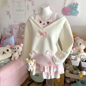 Sweet Hoodie Women Japanese Sweatshirts Y2k Tops Contrast Color Casual Fashion Hoodies Off Shoulder Cartoon Cute Fake Two Top