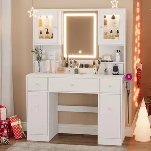 VOWNER Stylish Stand-Alone Color-Tuned Multi-Function Drawer-Style Vanity Desk (White) for Girl, Mother - Vanity Desk with Mirror and Lights, Power Outlet, 5 Drawers, 2 Cabinets, 3-Color Lights, Adjustable Shelves, Push-Pull 2-Layer Storage, Easy Setup