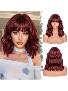 Red Wig With Bangs Wave Bob Wigs for Women 14 Inch Short Loose Wavy Heat Resistant Synthetic Wig Shoulder Length Hair for Daily and Cospaly Party Use