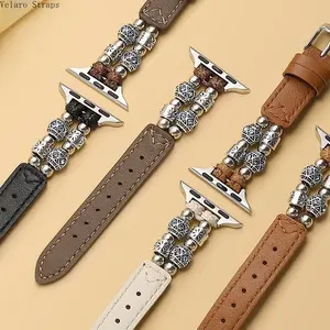 Bohemian Chinese Style Beaded Genuine Leather Watch Band for Apple Watch, Fits 38–49mm