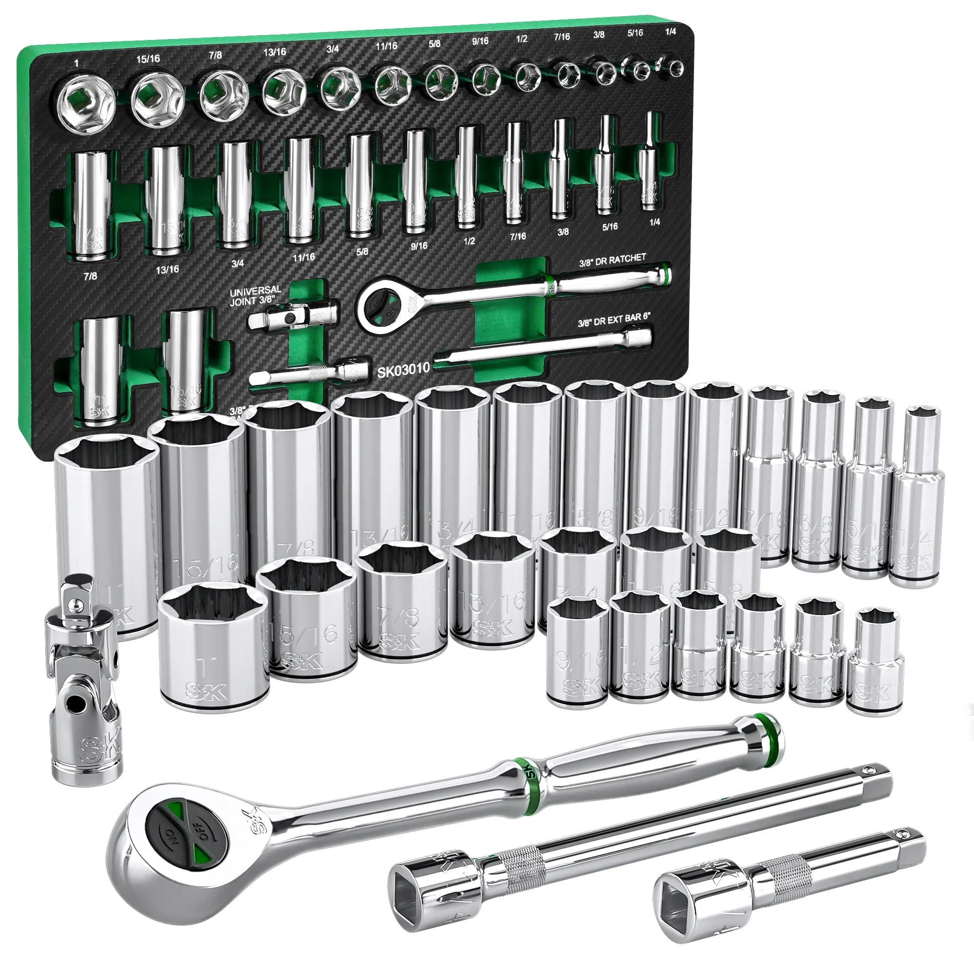 #fathersdaygift SK 3/8" Drive Socket Set with 160-P Ratchet, SuperKrome Finish, Premium CR-V Construction, with EVA Foam Tool Organizer