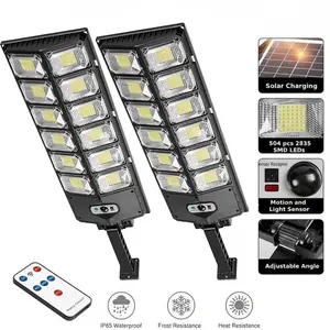 504 LED Solar Street Lights Outdoor Waterproof 4500mA Solar Charging Motion-activated Remote-Controlled Dusk-to-Dawn Sensor for Yard Garage Front Door Pathway 3 Lighting Modes Adjustable Angle (1 Pack)