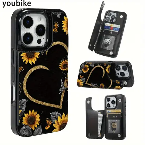 Sunflower & Heart Durable PU Leather Card Holder Wallet Smartphone Case - Golden Shockproof Protection Accessories for iPhone 17/16/15/14 Pro Max, Plus, 13/12 Pro Max, Plus Air Casing