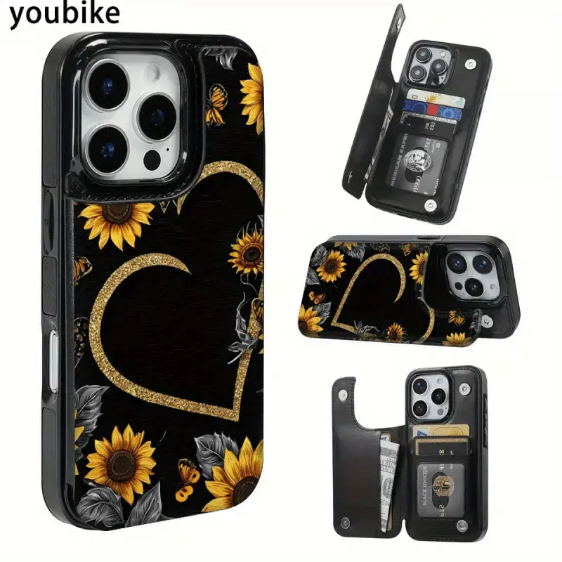 Sunflower & Heart Durable PU Leather Card Holder Wallet Smartphone Case - Golden Shockproof Protection Accessories for iPhone 17/16/15/14 Pro Max, Plus, 13/12 Pro Max, Plus Air Casing