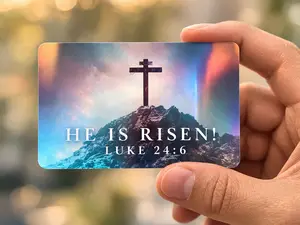 He Is Risen Luke 24:6 Credit Card Skin with Cross Design and Inspirational Quote for Faithful Users
