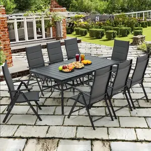 9-Piece All-Weather Outdoor Dining Set, Aluminum Foldable Chairs & Stainless Steel Table, Modern Patio Furniture for Garden, Backyard, All-Season Use (Dark Gray)