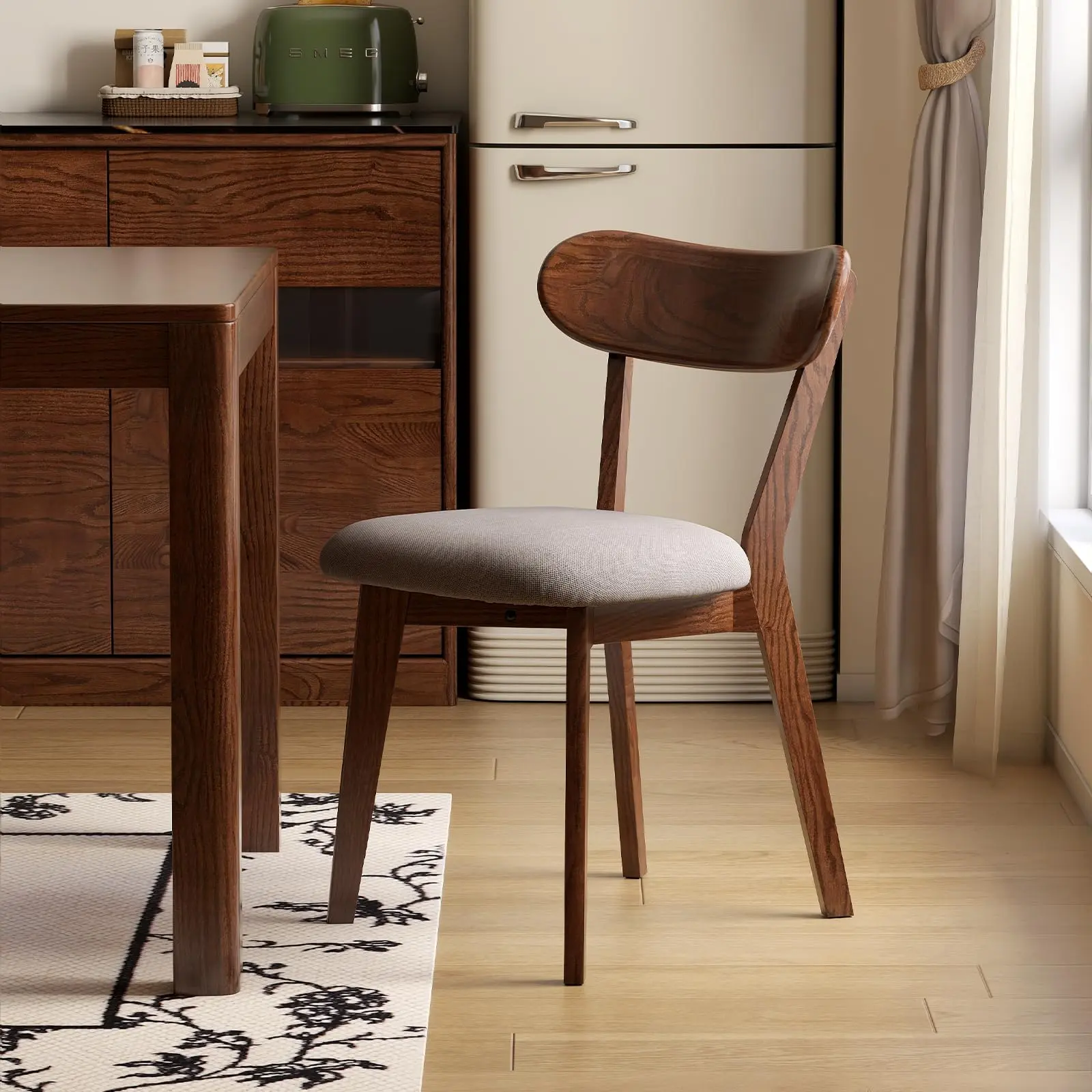 YESWOOD 100% Solid Oak Dining Chairs, Mid Century Modern Dining Chair with Curved Backrest, Fabric Upholstered Dining Chairs for Kitchen, Study, Living Room (1/2/4, Original Wood/ Walnut Wood-Gray/Dark Gray/Pear White  Cushion)