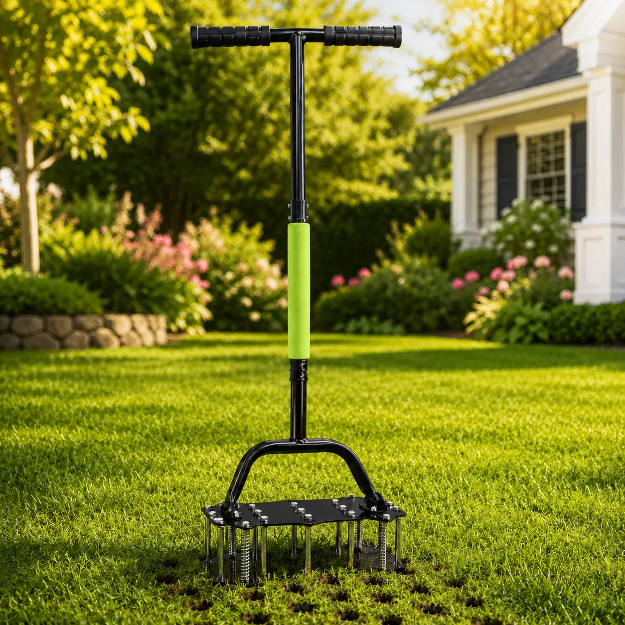 CHUNTAO Manual Lawn Aerator Tool - Heavy-Duty Steel Frame Spike Model with 16 Iron Spikes, Long Handle, Footplate, Spring Rebound Base, T-Bar Grip, Tools for Soil Surfaces & Compaction (In-Sized Components, Manual Aerators)