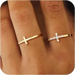 Cross Rings For Women Girls Dainty Trendy Stackable Ring Set Thin Cz Cross Finger Rings For Women Non Tarnish Simple Statement Rings Wedding Bands Jewelry Size 5-10 For Summer Gift dealsforyoudays