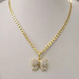 Elegant Bow Necklace  Sparkling CZ Pendant – 24” Long, 3mm Width | 14K Gold Laminated