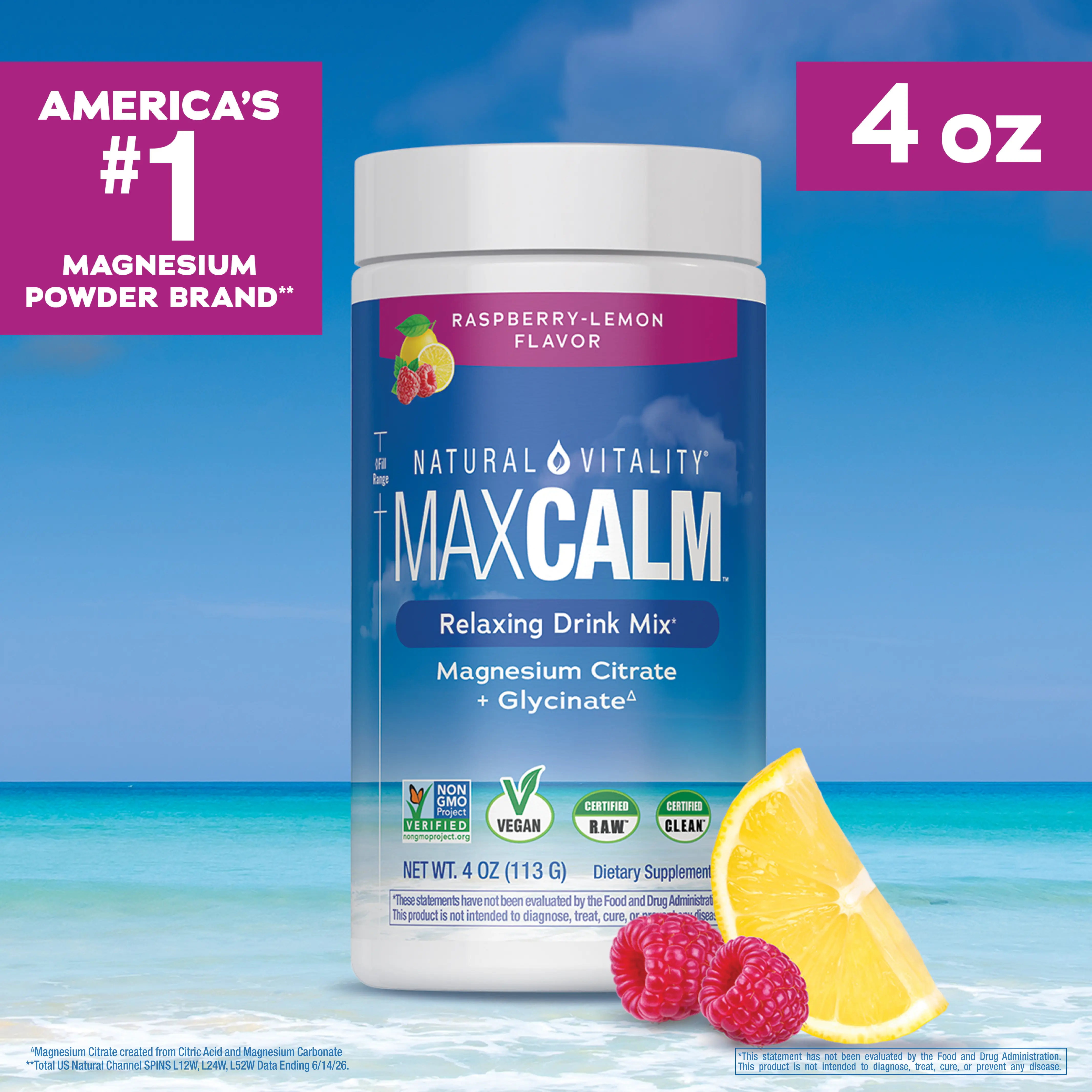 CALM 4 oz Relaxing Drink Mix - Raspberry Lemon Flavor - Magnesium Citrate Supplement -  4 oz (113 g) - 28 servings