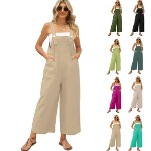 JovenPara Womens Loose Linen Bib Overalls Comfy Sleeveless Adjustable Straps Wide Leg Jumpsuit with Pockets