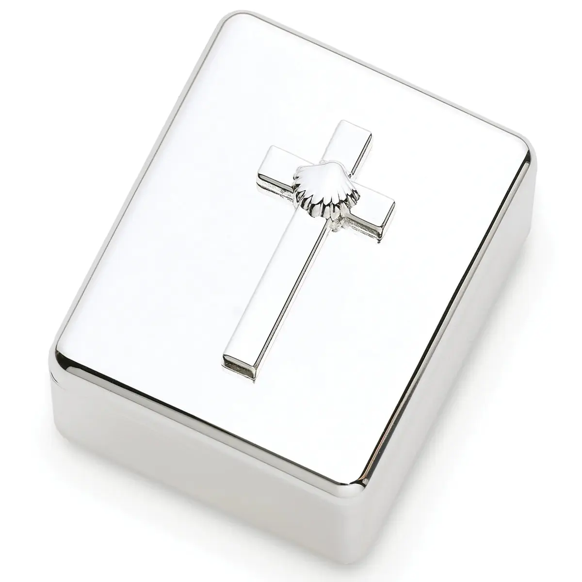 Caroline Collection Polished Silver Metal Cross Baptism Keepsake Box, Classic Home Organiser, Baptism Gift